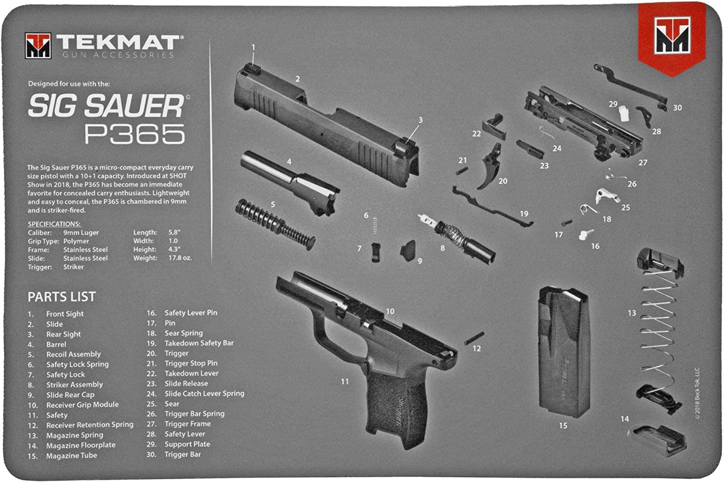 TekMat Sig P365 Pistol Mat 11x17 Black With Microfiber TekTowel TEK-R17-SIGP365