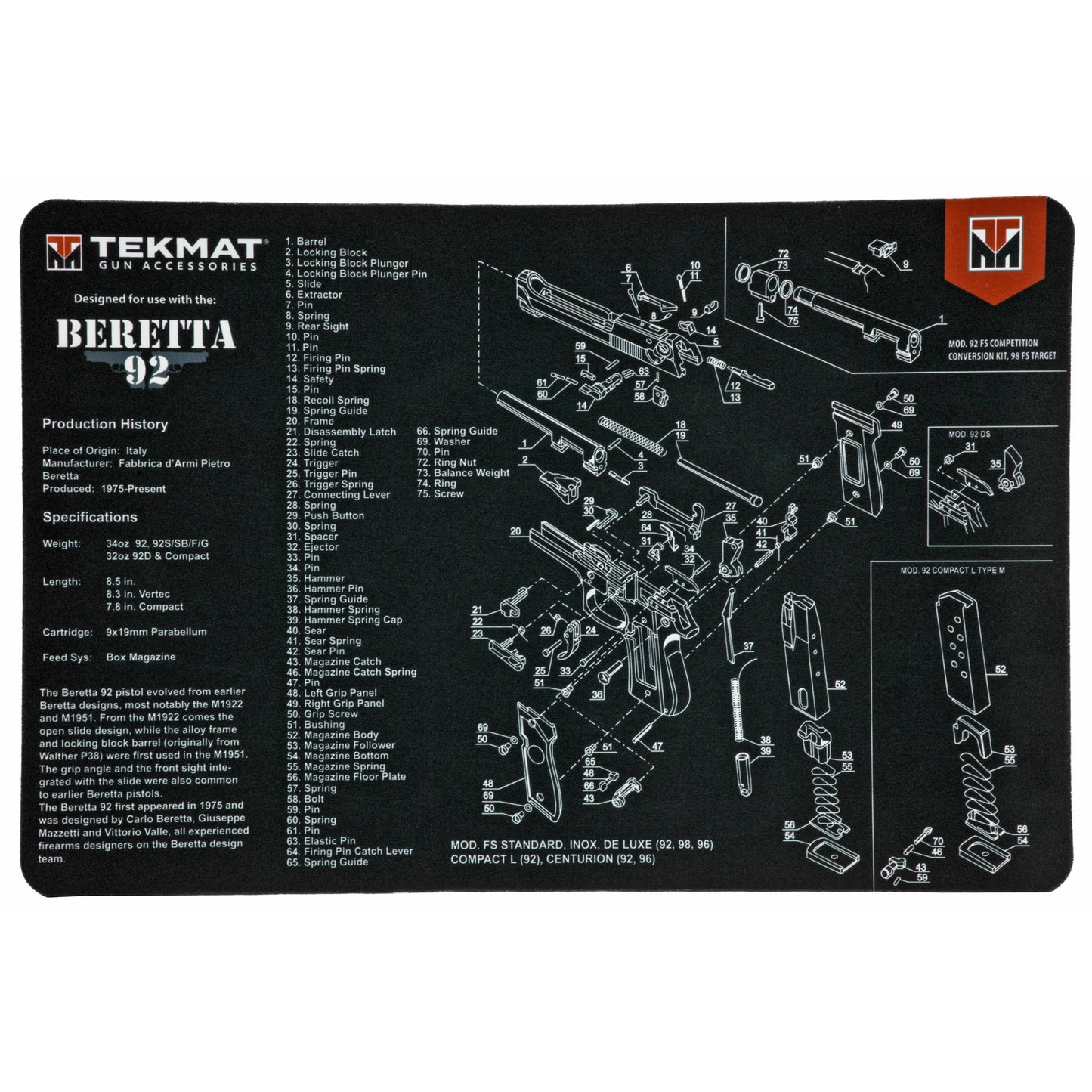 TekMat Beretta 92 Pistol Mat 11x17 Black With Microfiber TekTowel TEK-R17-BER92 - California Shooting Supplies