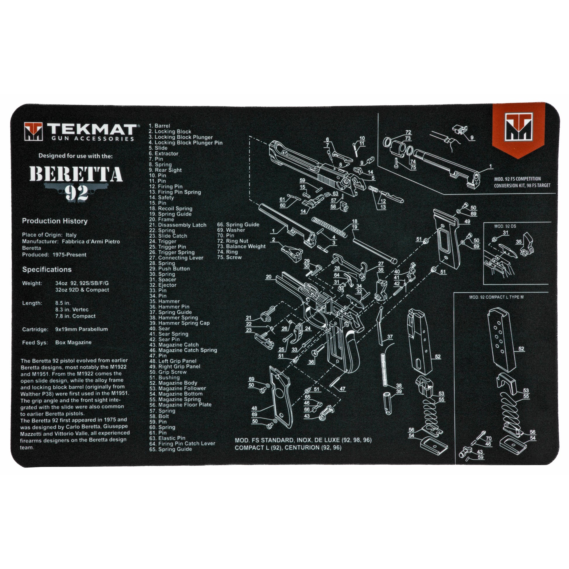 TekMat Beretta 92 Pistol Mat 11x17 Black With Microfiber TekTowel TEK-R17-BER92 - California Shooting Supplies