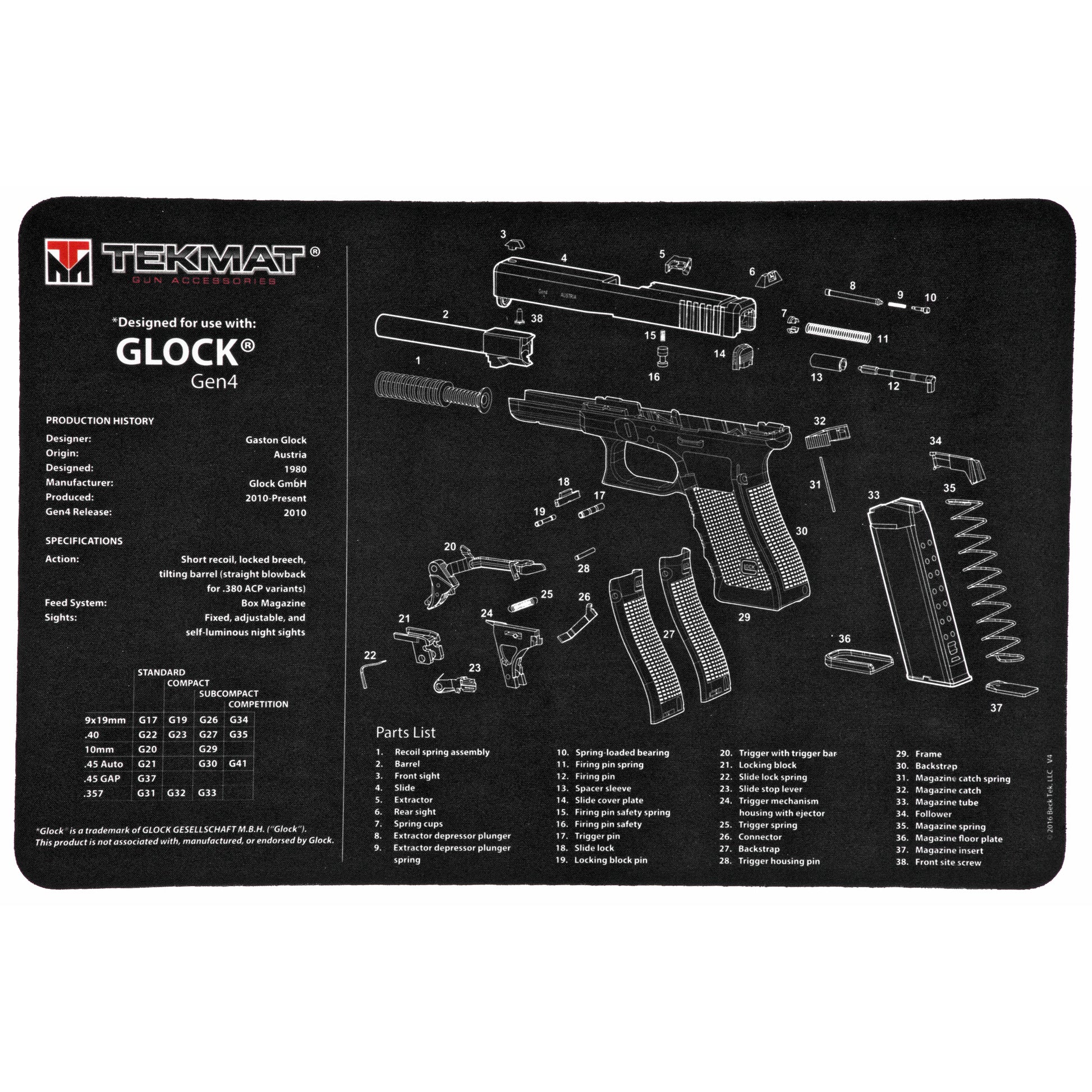 TekMat Pistol Mat For Glock Gen4 11x17 With Microfiber TekTowel TEK-R17-GLOCK-G4 - California Shooting Supplies