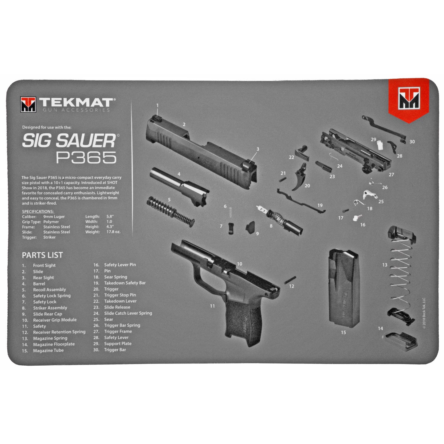 TekMat Sig P365 Pistol Mat 11x17 Black With Microfiber TekTowel TEK-R17-SIGP365 - California Shooting Supplies