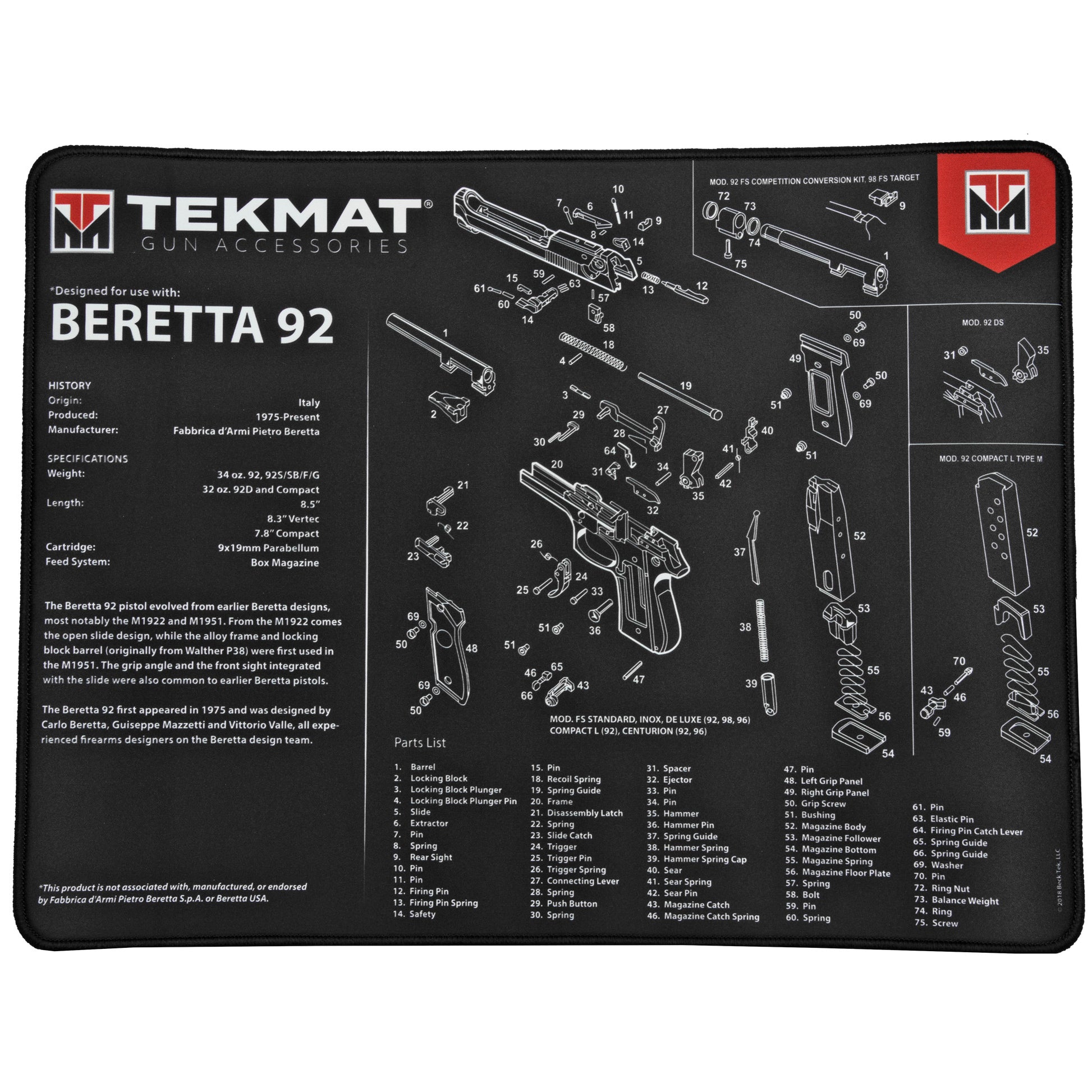 TekMat Beretta 92 Ultra Premium Gun Cleaning Mat 15x20 Microfiber TEK-R20-BER92 - California Shooting Supplies