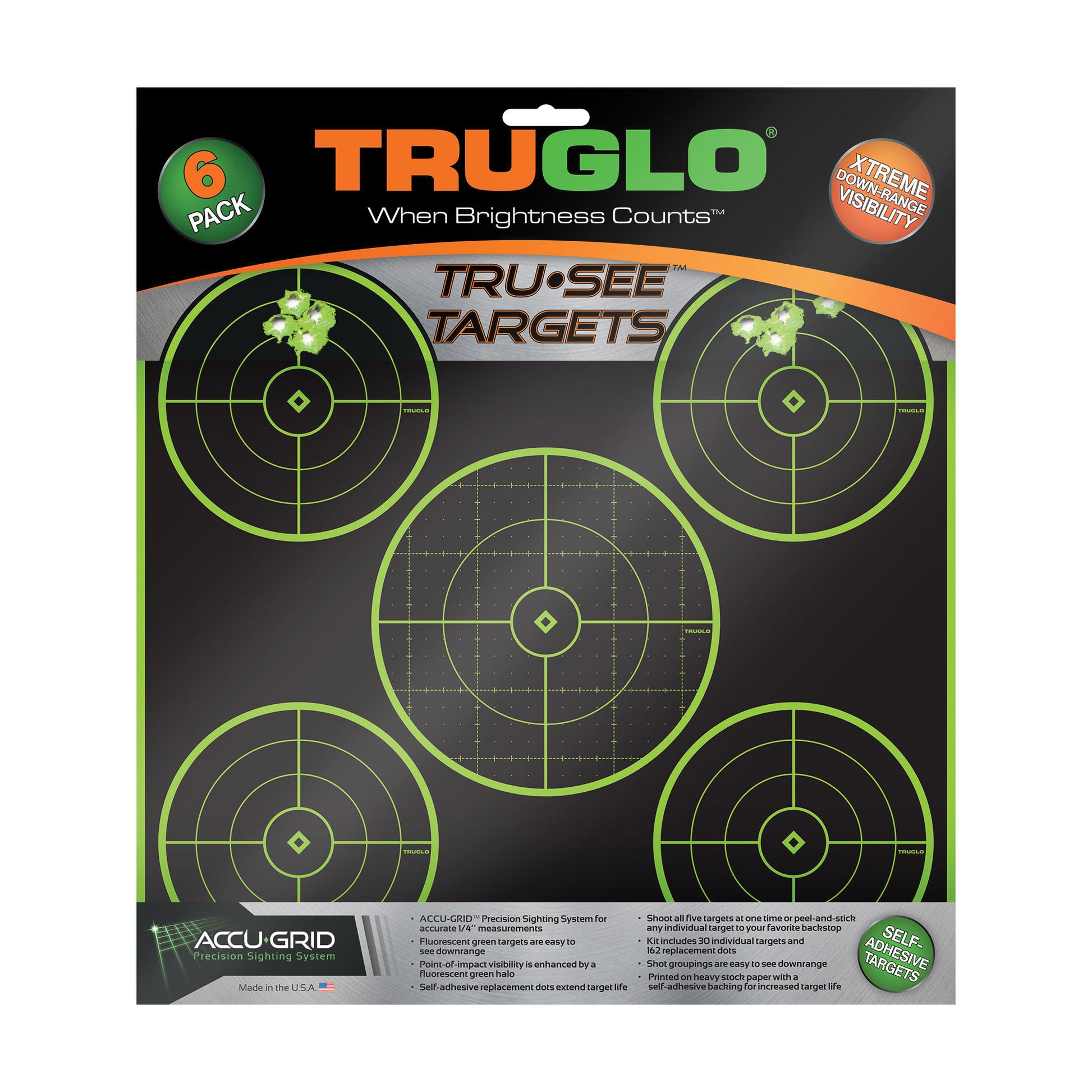 Truglo Tru-See Target 12x12 5-Bullseye Green Self-adhesive 6 Targets TG-TG11A6 - California Shooting Supplies