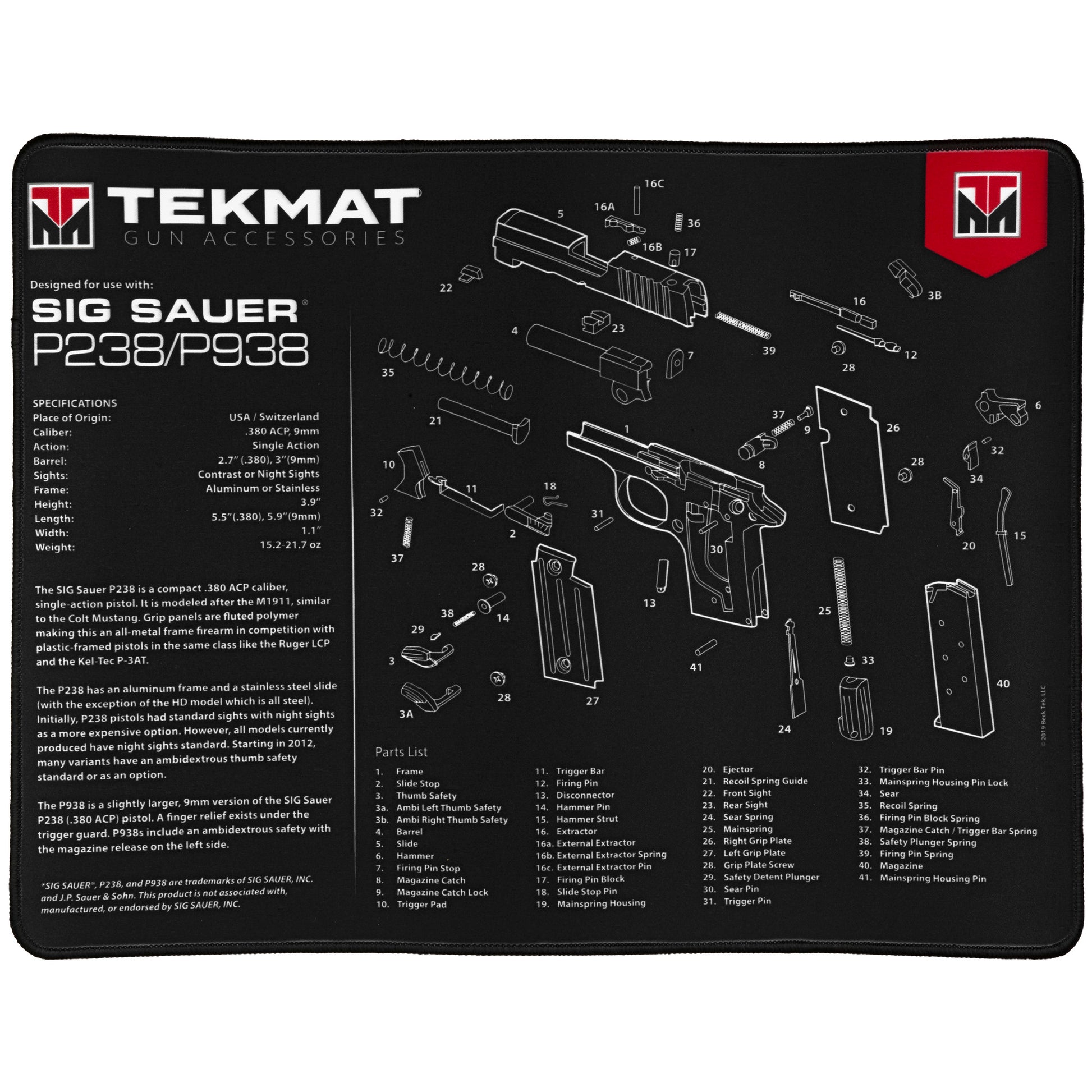 TekMat Ultra Mat For Sig Sauer P238 Cleaning Mat 15x20 TEK-R20-SIGP238 - California Shooting Supplies